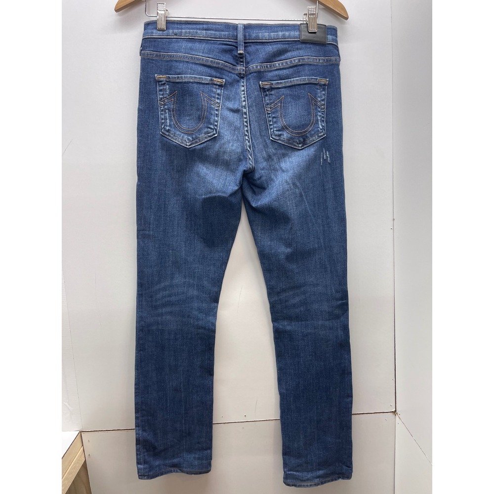 True Religion Cora Mid Rise Straight Leg Distressed Jeans Blue Wash Size 27 - Picture 2 of 5
